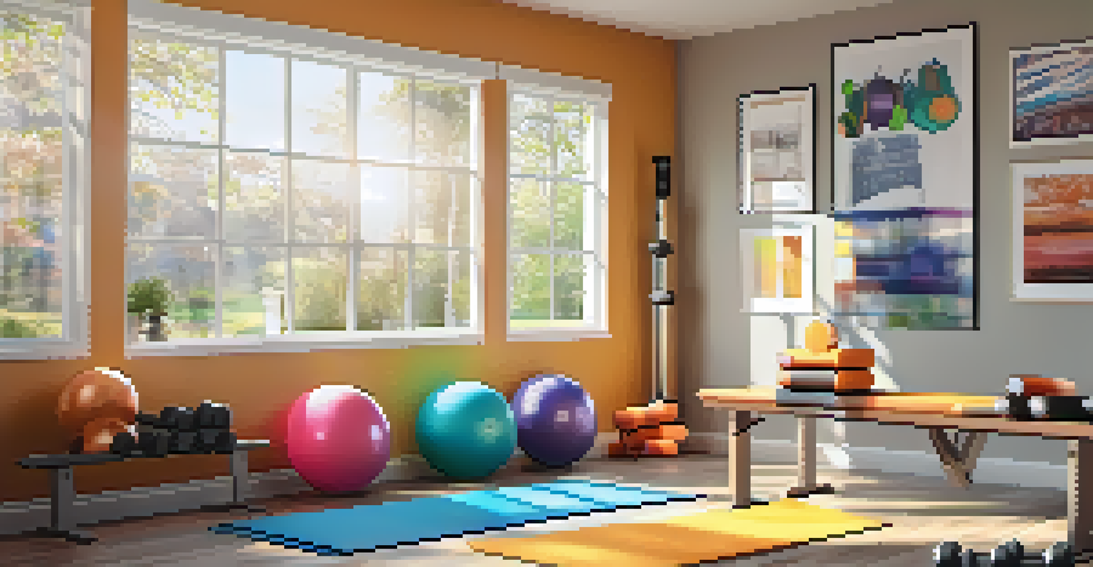 A cozy home workout space with a yoga mat, dumbbells, and sunlight coming through the window, featuring a motivational quote on the wall.