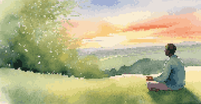 A person meditating on a grassy hillside at sunset, radiating calmness and peace.