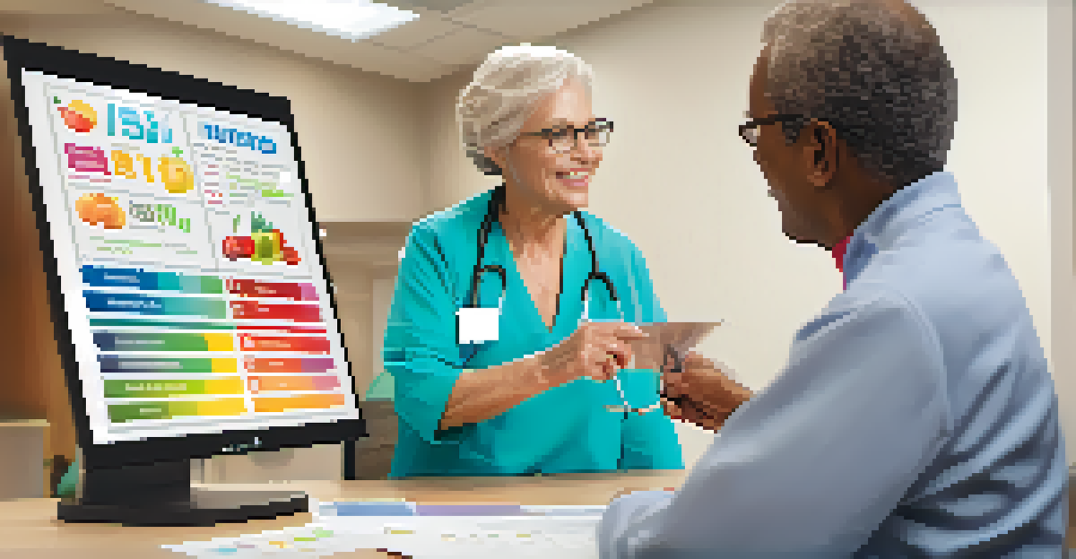 A healthcare provider discussing a nutrition and exercise chart with a senior woman.