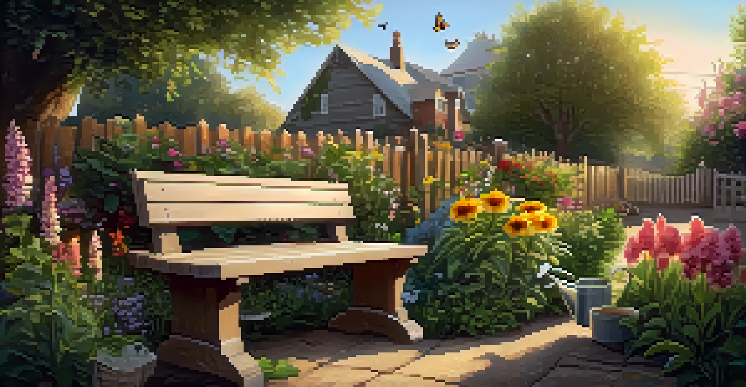 A peaceful corner of a community garden with a wooden bench and blooming flowers during golden hour.