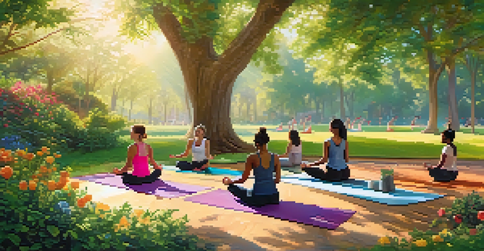 A diverse group of people practicing yoga in a sunny park surrounded by greenery and flowers.