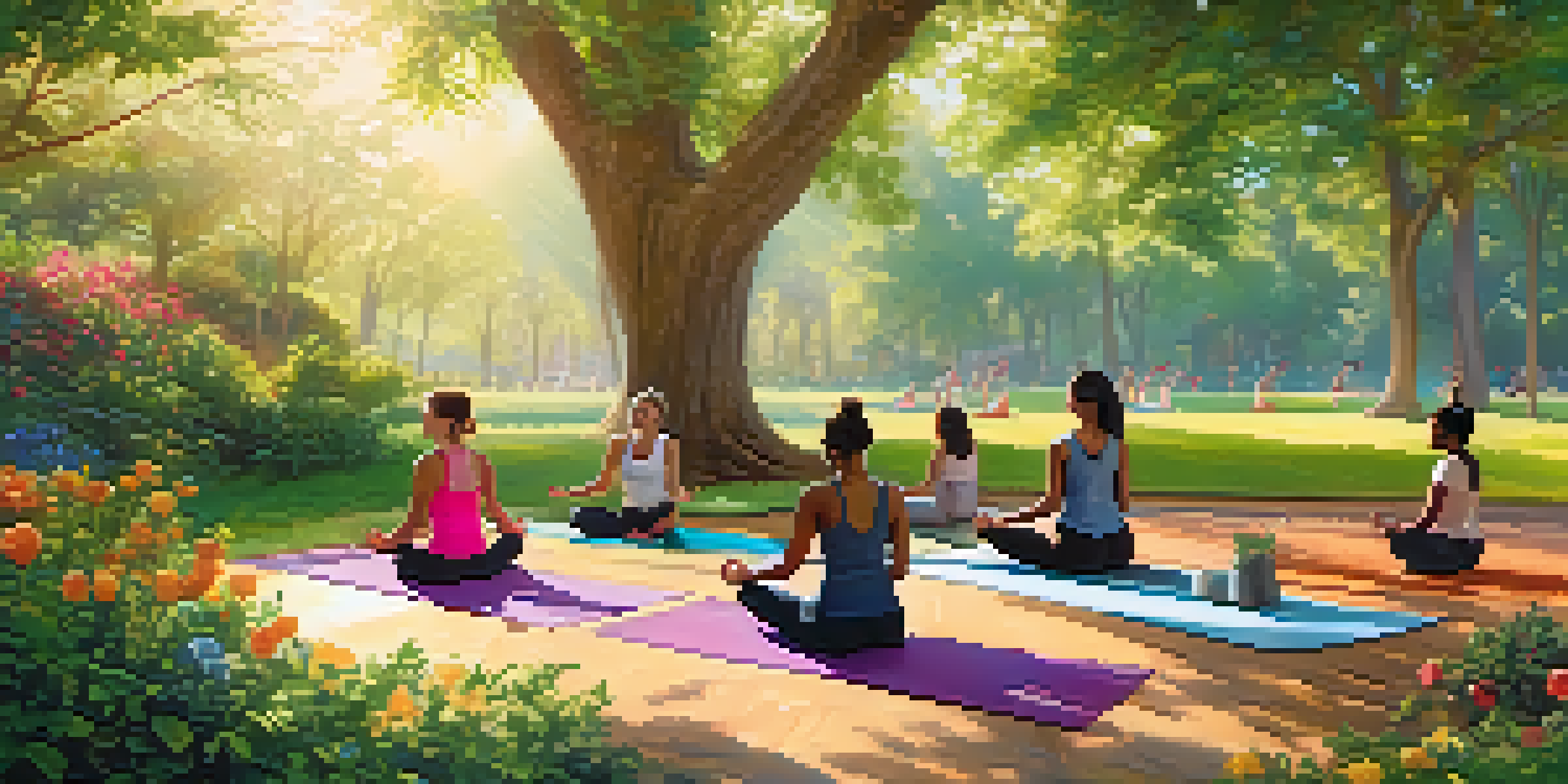 A diverse group of people practicing yoga in a sunny park surrounded by greenery and flowers.