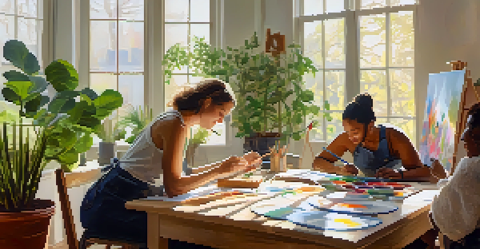 A group of people participating in an art therapy session, surrounded by natural light and greenery, engaged in different artistic activities.