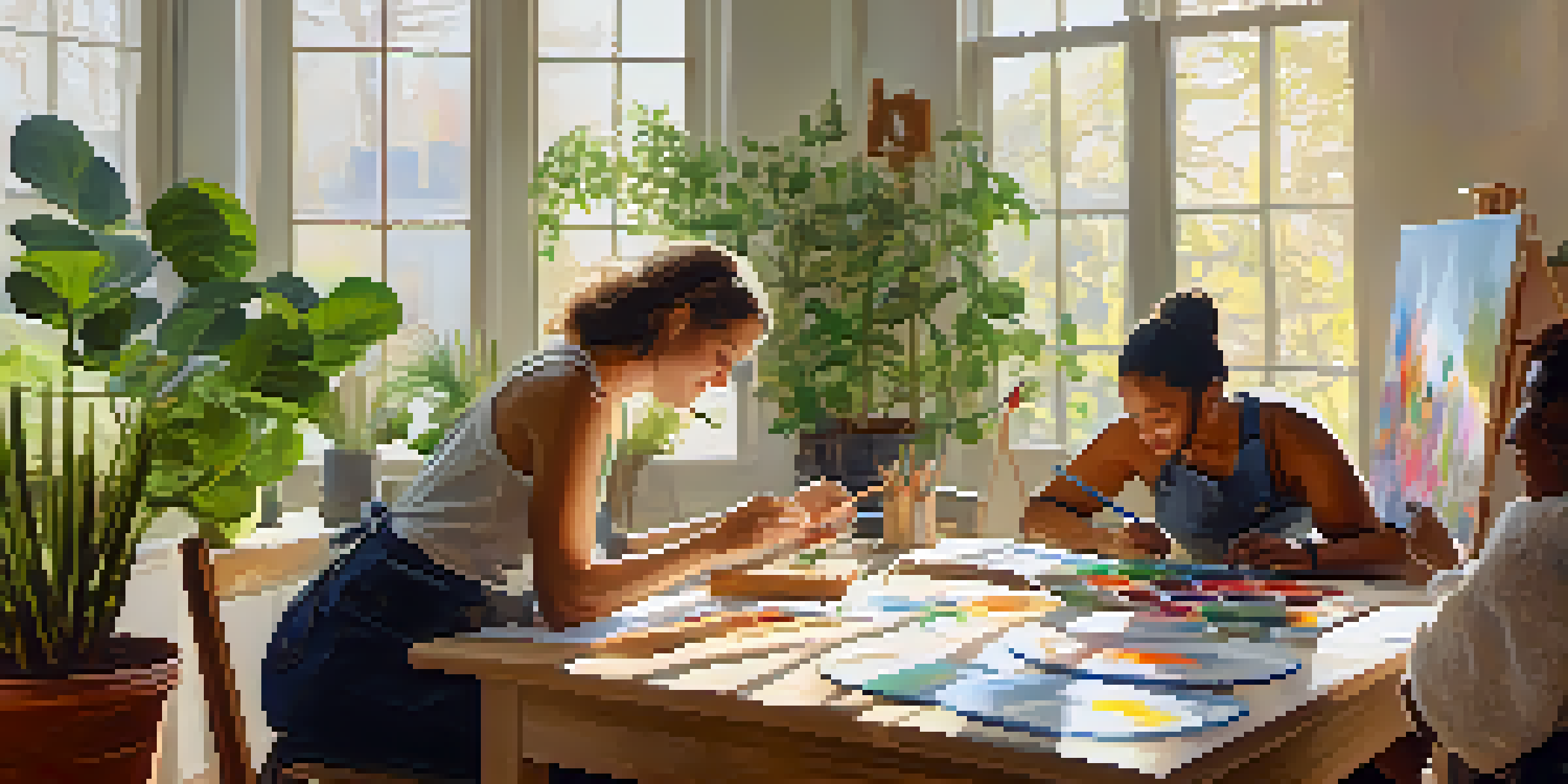A group of people participating in an art therapy session, surrounded by natural light and greenery, engaged in different artistic activities.