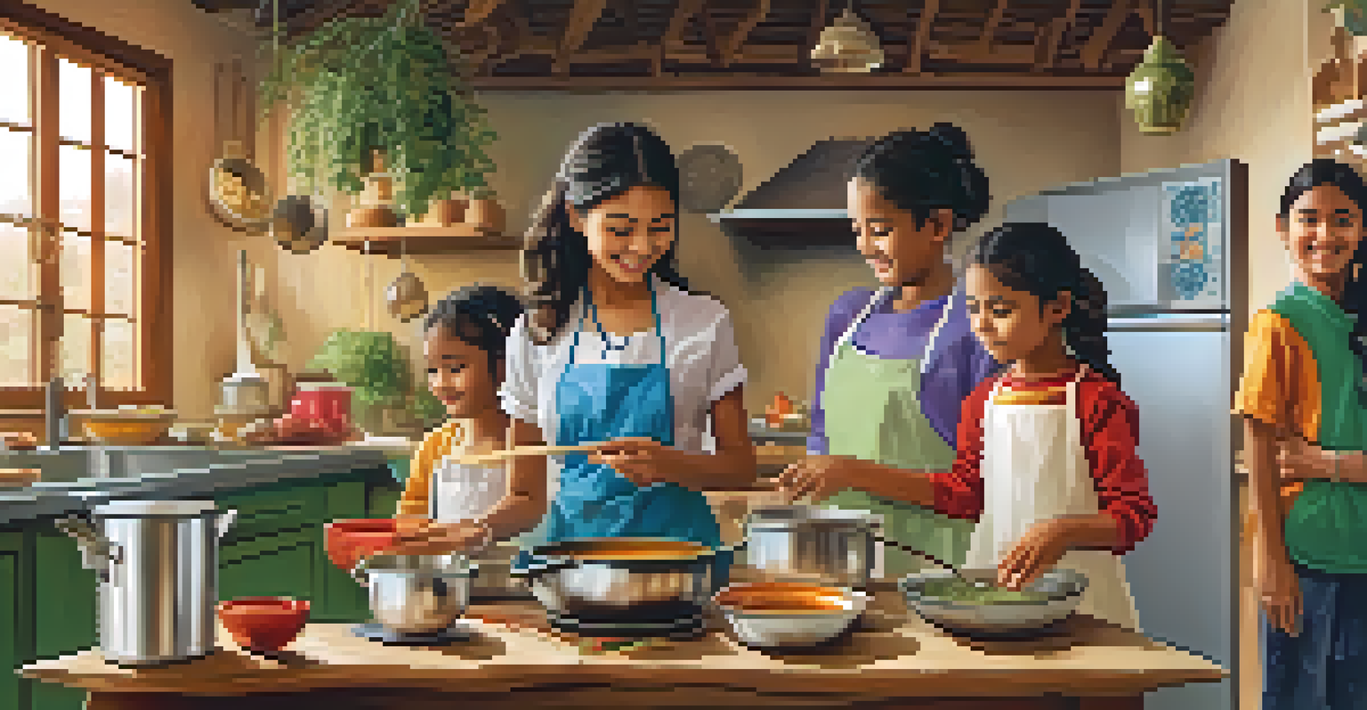 Children learning to cook a traditional dish with a parent in a culturally decorated kitchen, filled with excitement and curiosity.