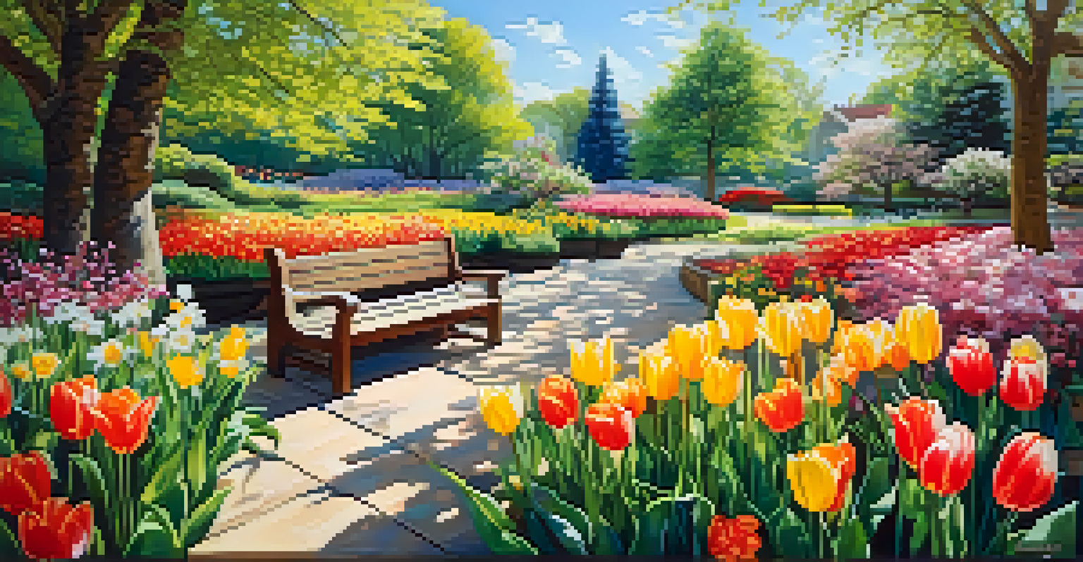 A colorful spring garden with blooming flowers and a sunny sky, featuring a wooden bench.