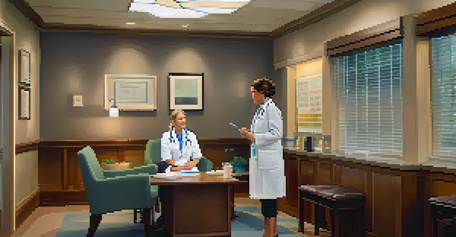 A middle-aged woman in a doctor's office discussing health screening results with her healthcare provider in a warm, inviting environment.