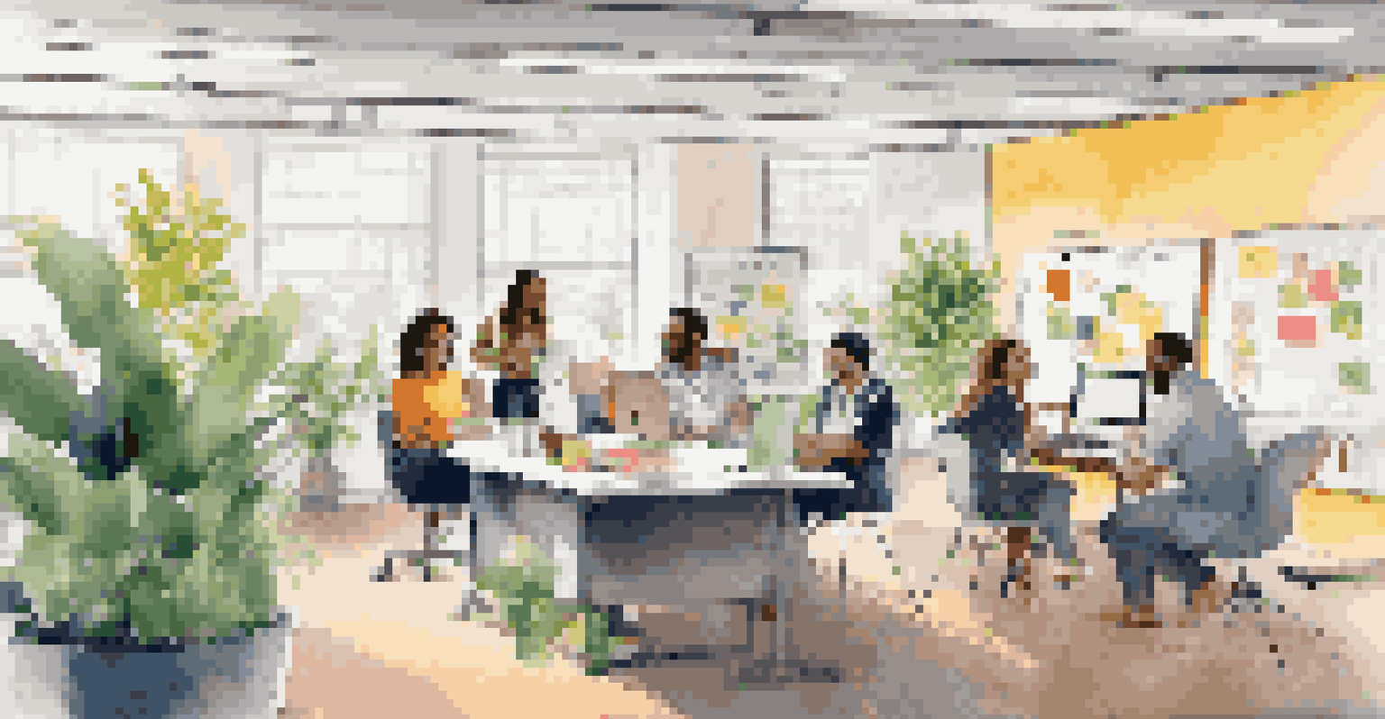 An office environment where colleagues are laughing and brainstorming ideas together, surrounded by plants and colorful decor.