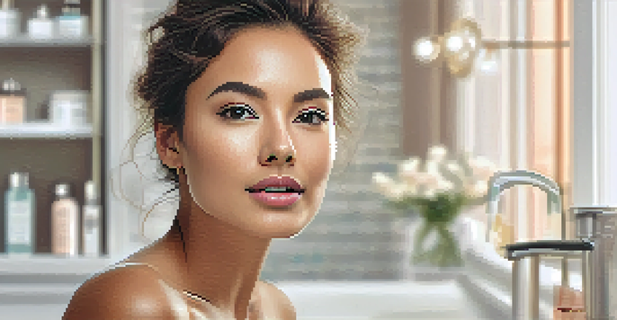 A close-up of a woman's face with glowing skin in a serene bathroom setting, surrounded by skincare products.