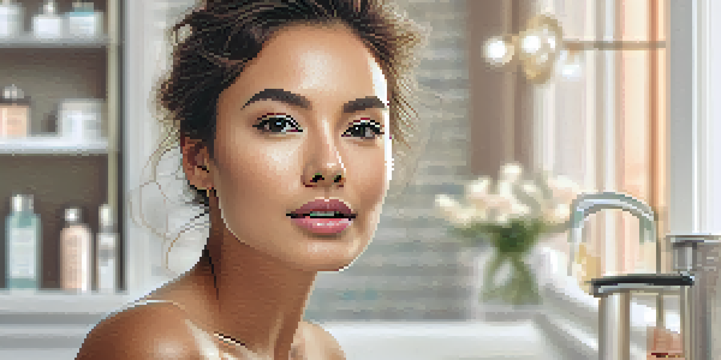 A close-up of a woman's face with glowing skin in a serene bathroom setting, surrounded by skincare products.