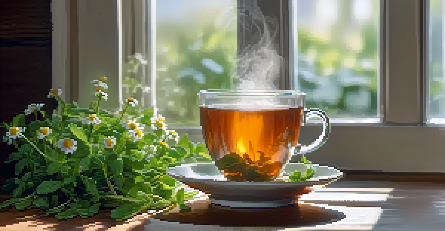 A close-up of herbal tea in a porcelain cup with fresh herbs on a wooden table.