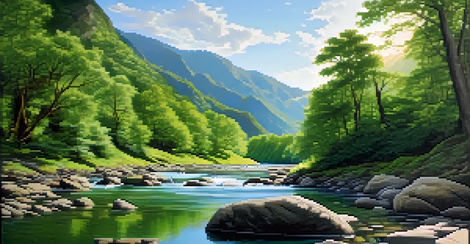 A winding river in a green valley with rocks in the water, symbolizing financial challenges, under soft sunlight.