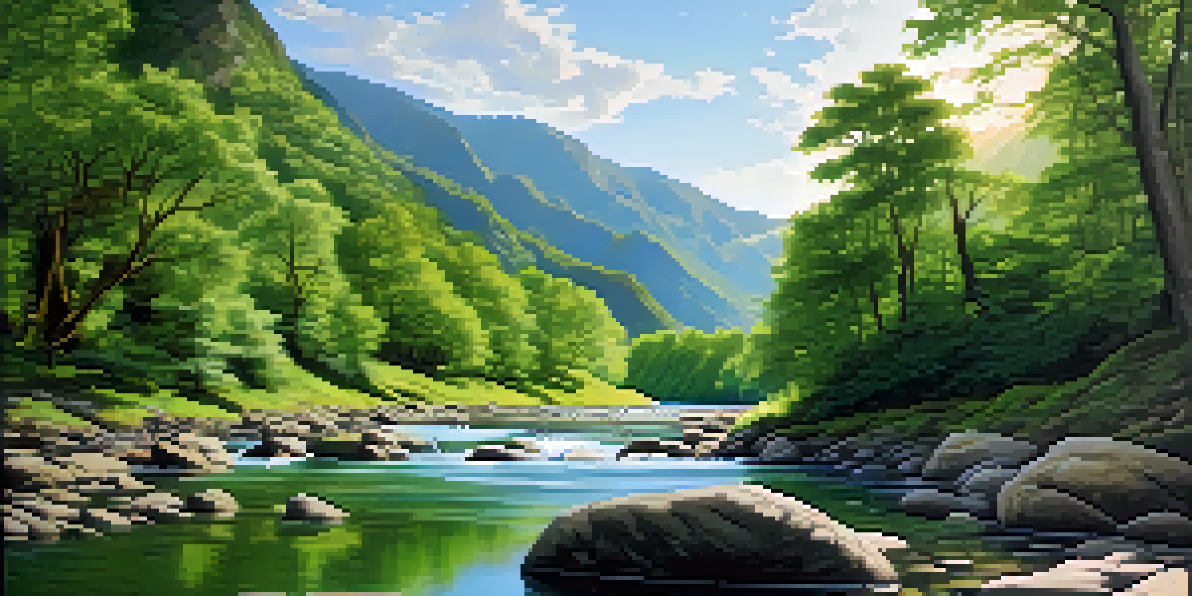 A winding river in a green valley with rocks in the water, symbolizing financial challenges, under soft sunlight.