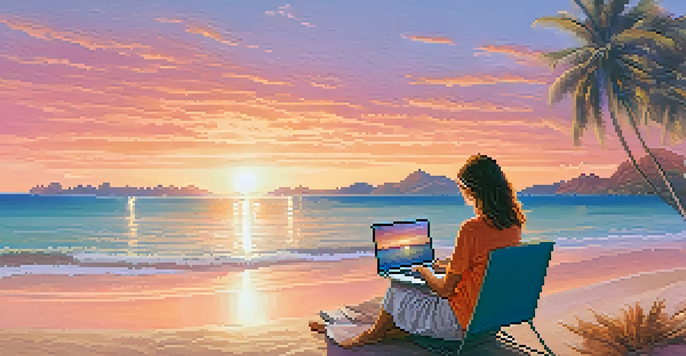 A traveler at a tropical beach, using a laptop with palm trees and a sunset in the background.
