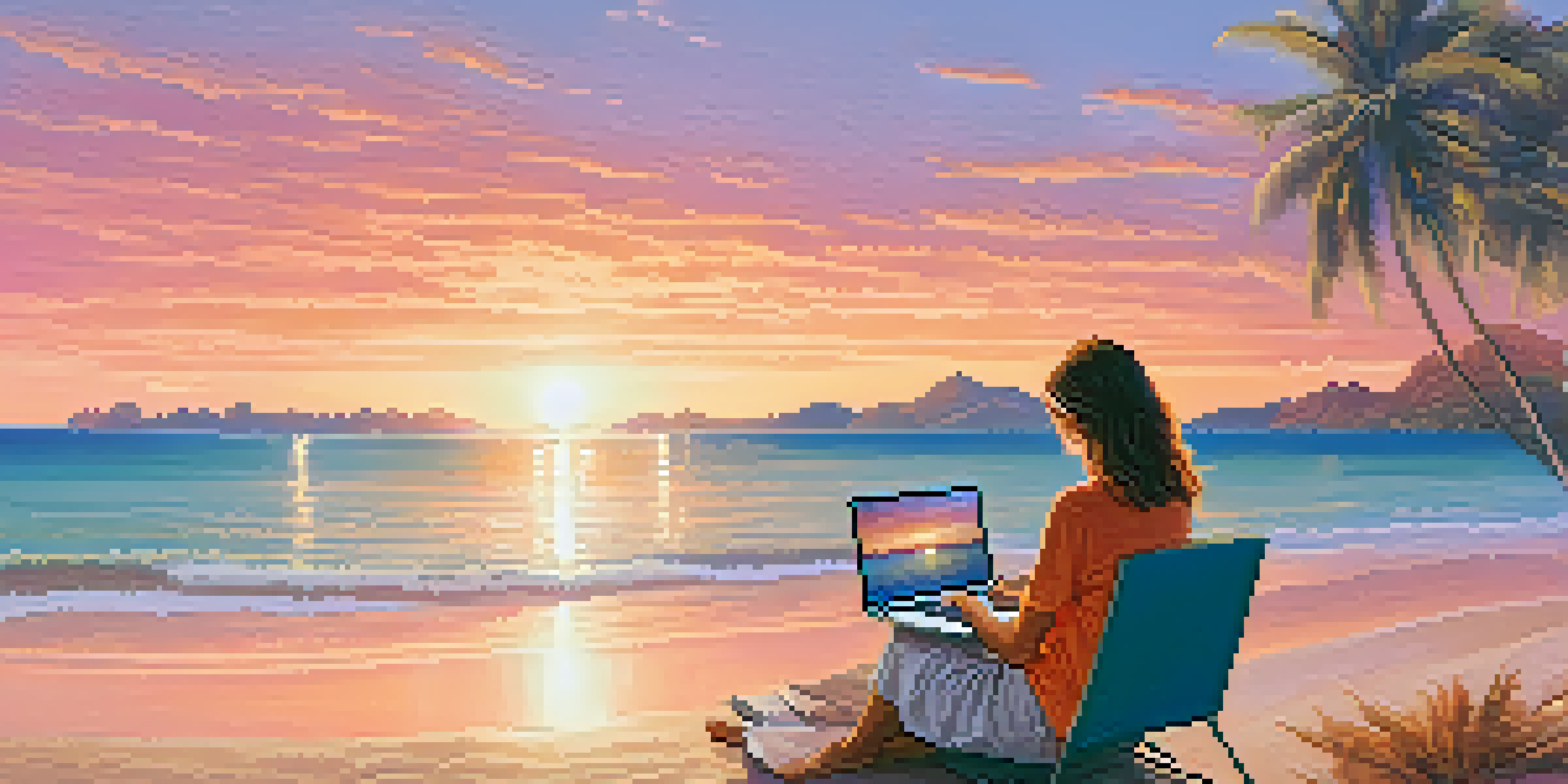A traveler at a tropical beach, using a laptop with palm trees and a sunset in the background.