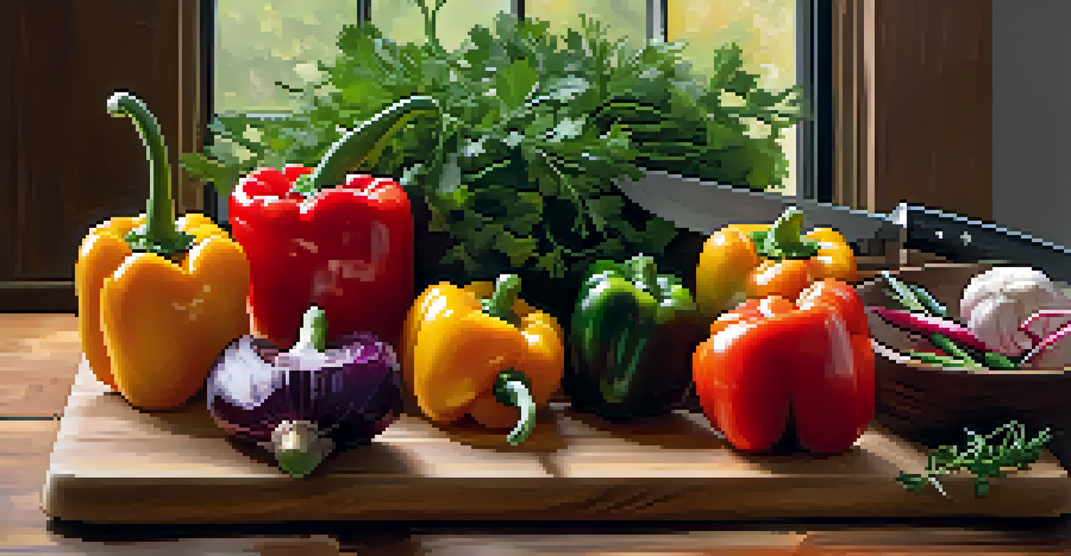 A beautifully arranged display of seasonal vegetables on a cutting board with natural light illuminating the scene.