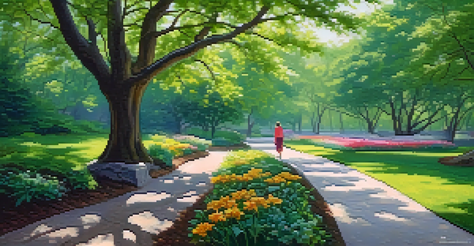 A person walking mindfully in a peaceful park, surrounded by greenery and blooming flowers.