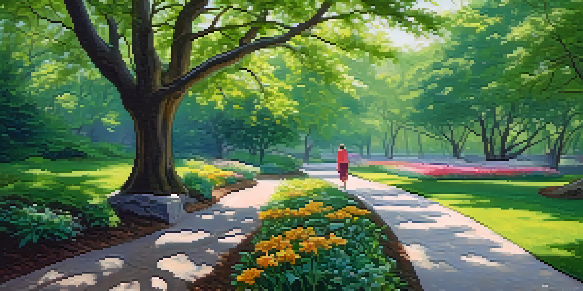 A person walking mindfully in a peaceful park, surrounded by greenery and blooming flowers.