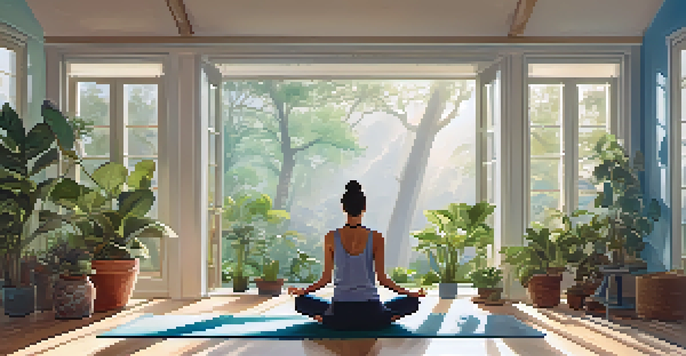 A person practicing yoga in a bright, plant-filled room, showcasing relaxation and mindfulness.