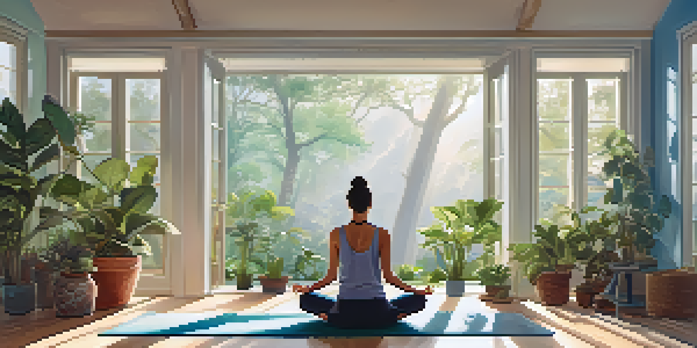 A person practicing yoga in a bright, plant-filled room, showcasing relaxation and mindfulness.