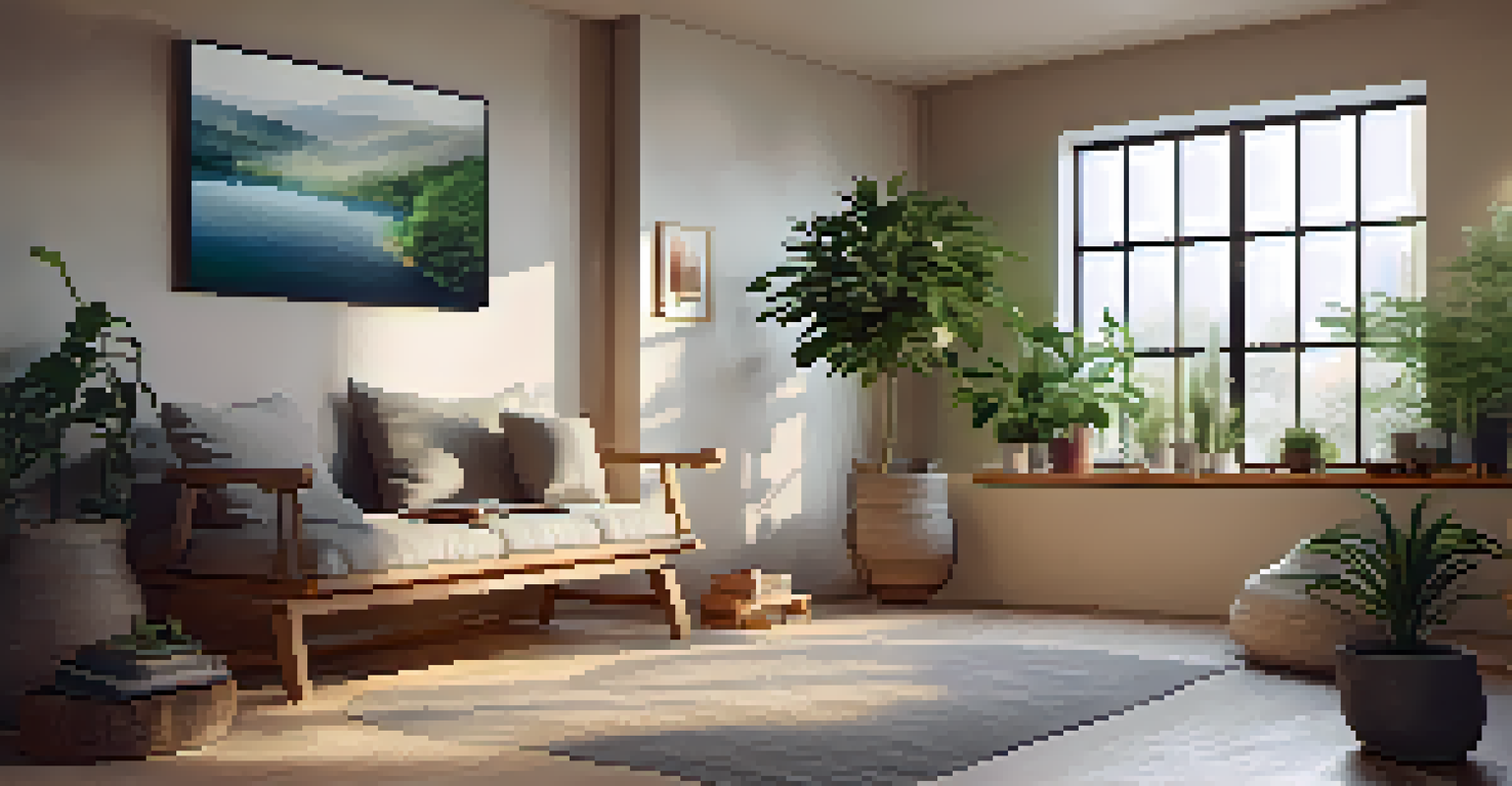 A cozy indoor meditation corner with cushions, a plant, ambient light, and a cup of tea, featuring calming artwork on the walls.