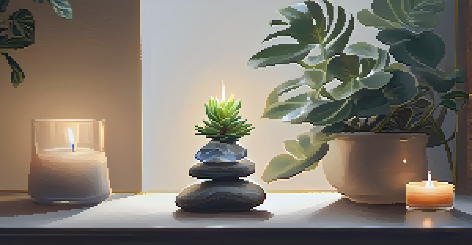A mindfulness altar with crystals, a small plant, and a candle in a serene setting.