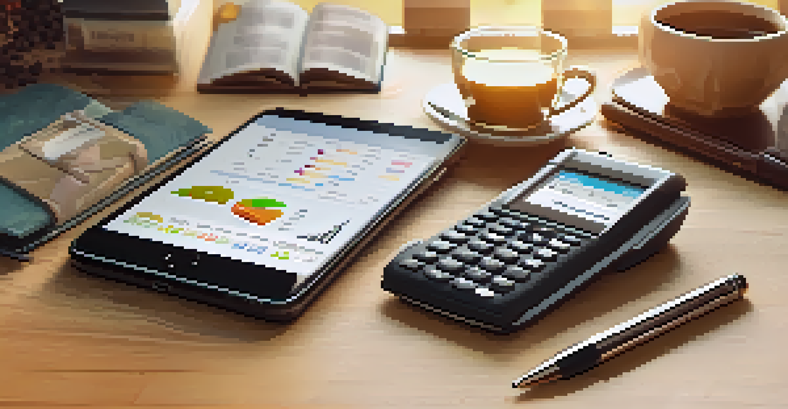 A table displaying budgeting tools, a smartphone, a financial book, and a calculator in a cozy living room setting.