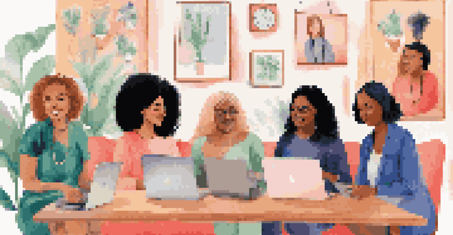 A diverse group of women participating in a virtual healthcare consultation from their homes, showing engagement and support.