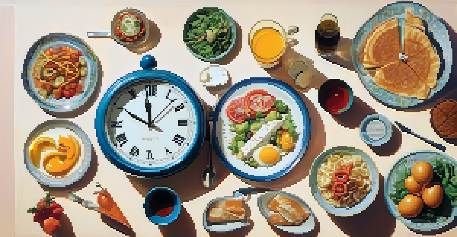 A clock with various food items around it representing meal timing throughout the day.