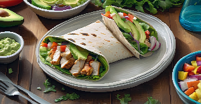 A healthy post-workout meal consisting of a grilled chicken wrap with whole wheat tortilla, mixed greens, and avocado, served with diced vegetables and a glass of water.