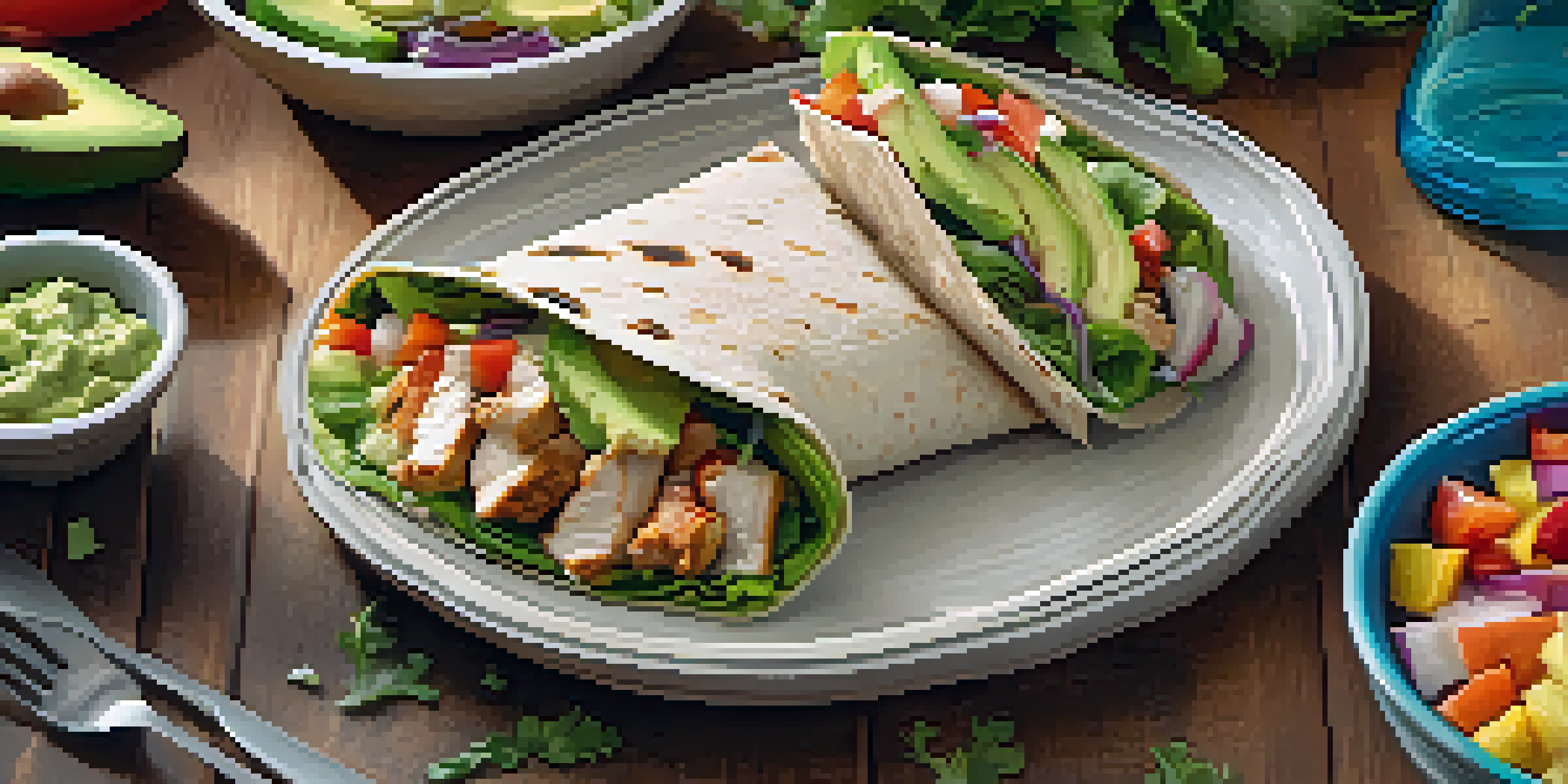 A healthy post-workout meal consisting of a grilled chicken wrap with whole wheat tortilla, mixed greens, and avocado, served with diced vegetables and a glass of water.