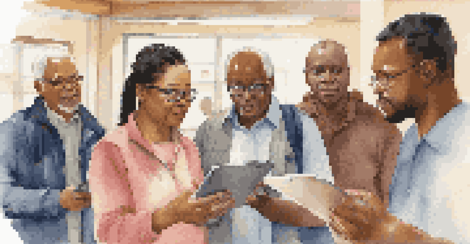 A close-up of diverse community members participating in a health assessment survey at a community center, engaging in discussion and reviewing health information.