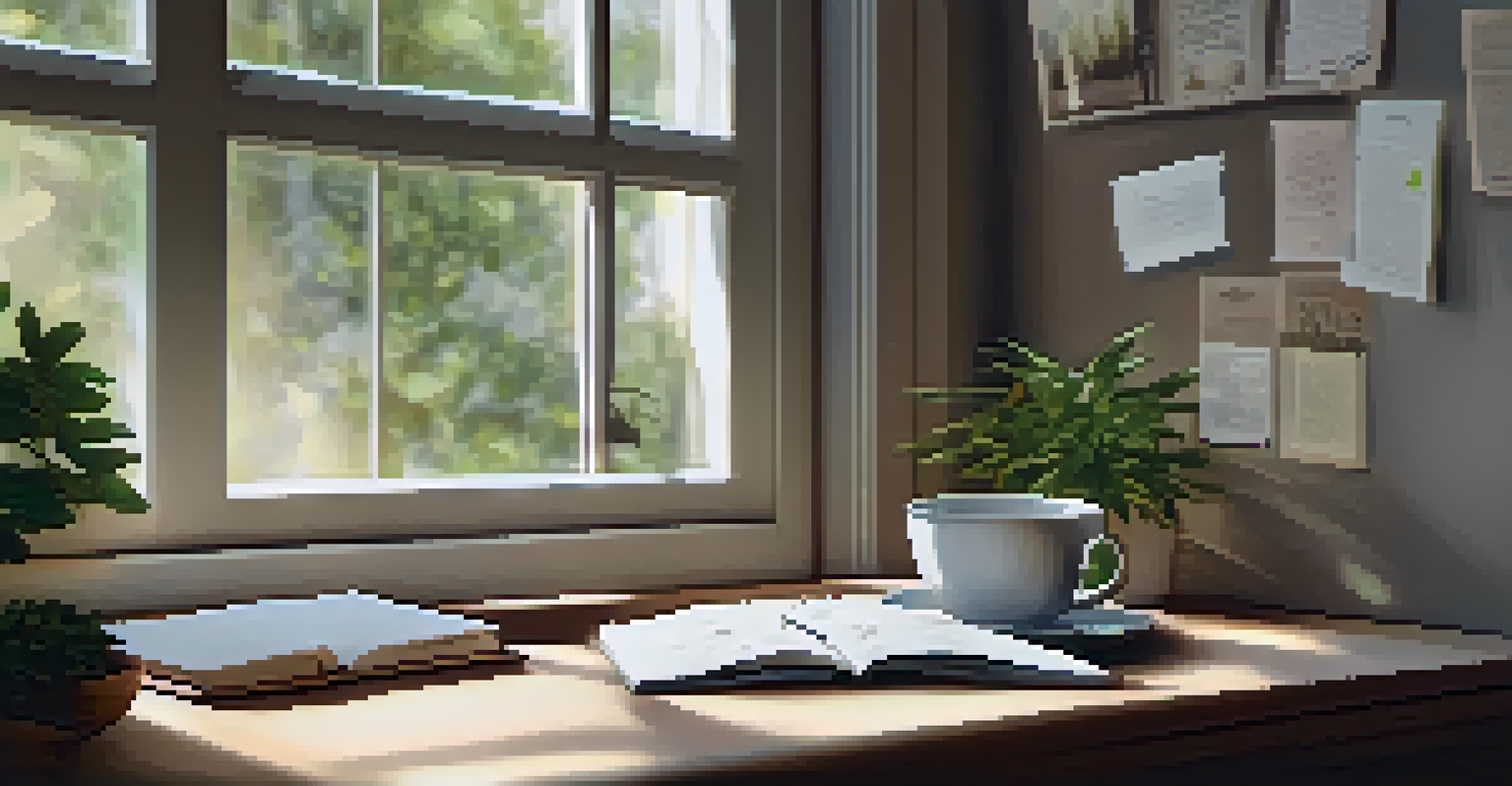 A cozy workspace corner with a chair, a table with tea, and a notepad, illuminated by soft ambient light.