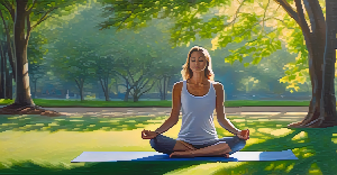 A person practicing yoga in a sunlit park surrounded by greenery, creating a peaceful and calming atmosphere.