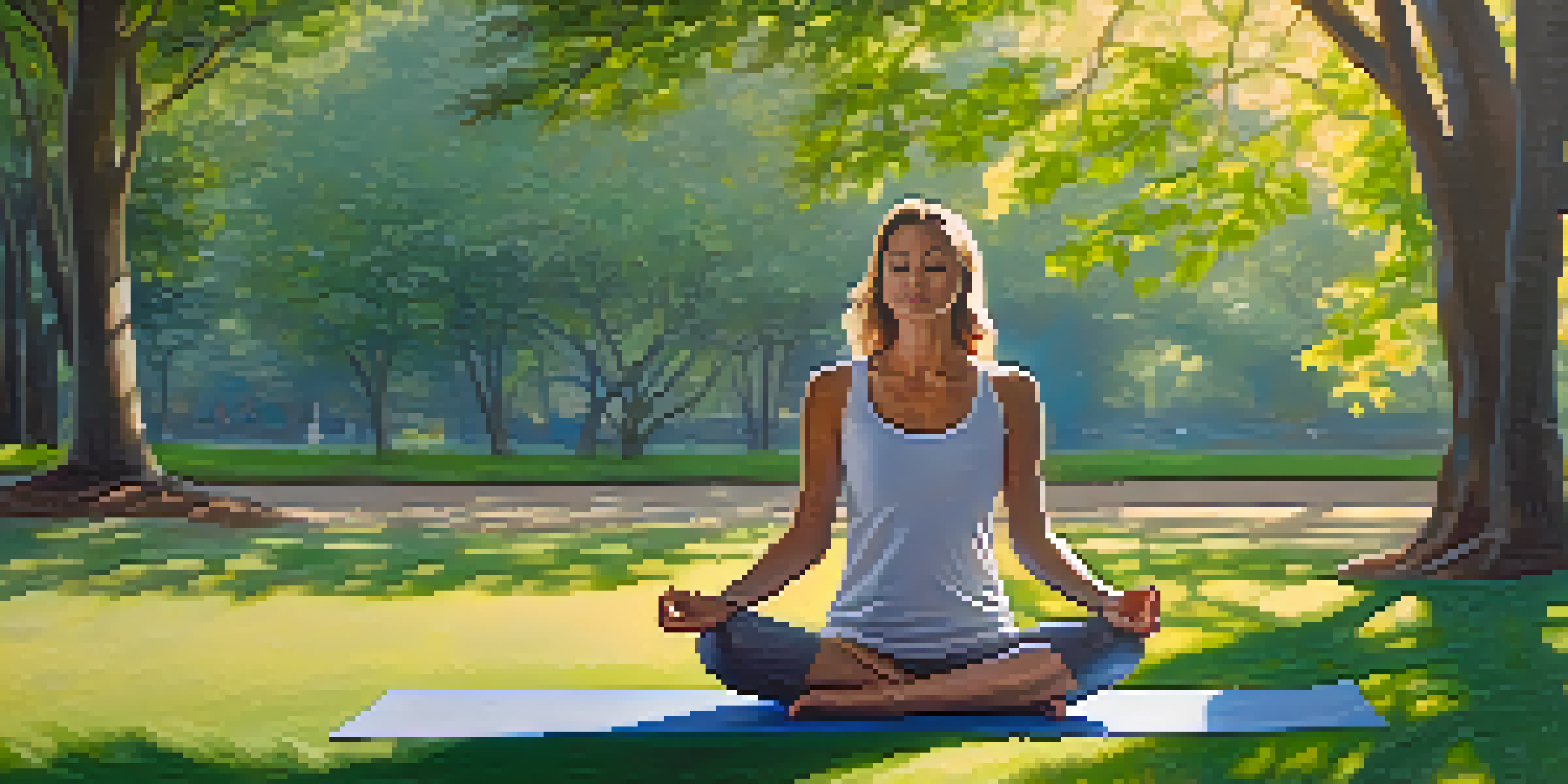 A person practicing yoga in a sunlit park surrounded by greenery, creating a peaceful and calming atmosphere.