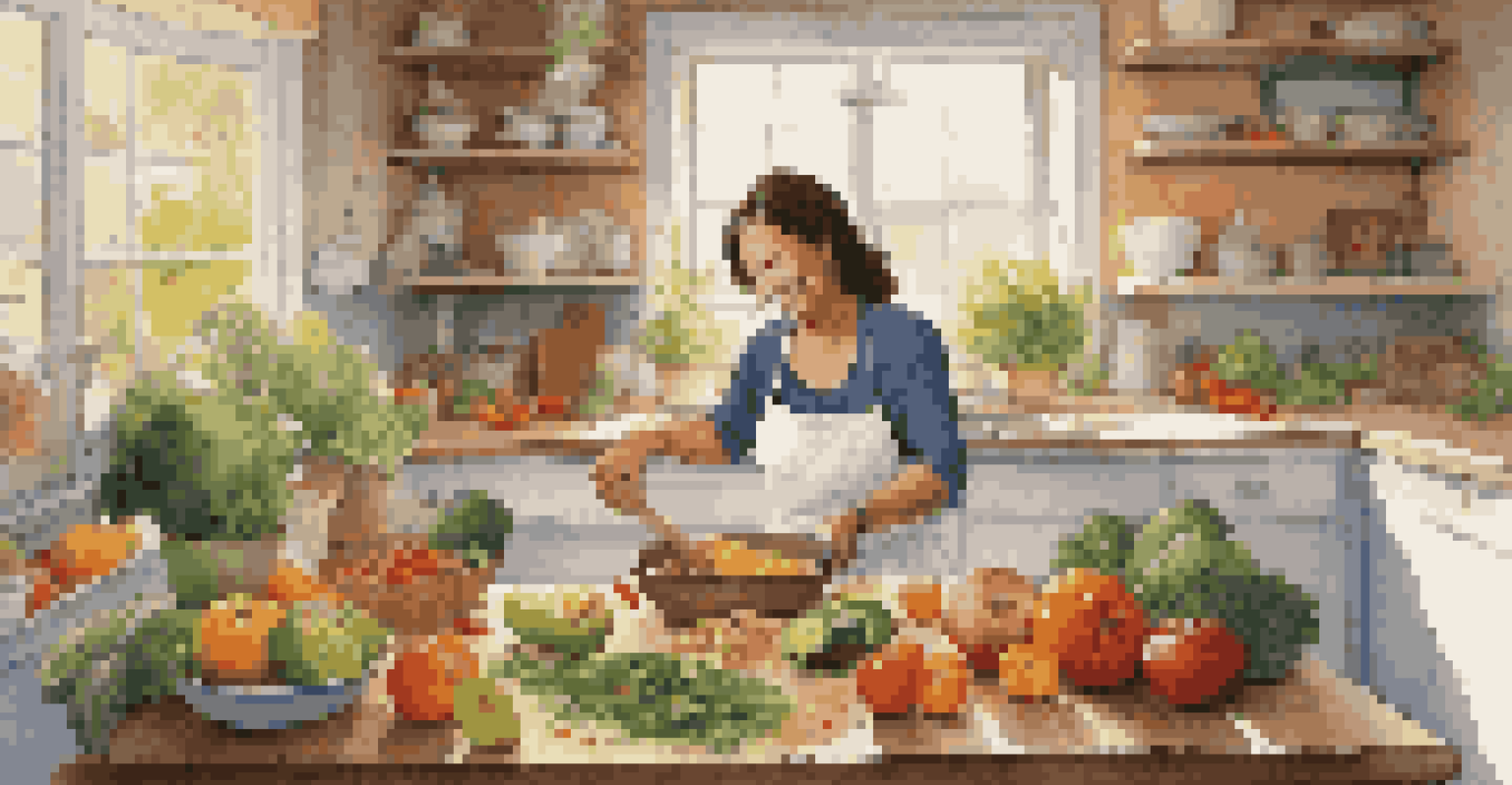 A middle-aged woman happily preparing a healthy meal in a bright kitchen filled with fresh fruits and vegetables.