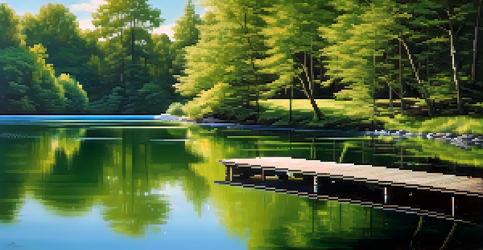 A calm lake surrounded by green trees and a clear blue sky, with sunlight reflecting off the water and a wooden dock.