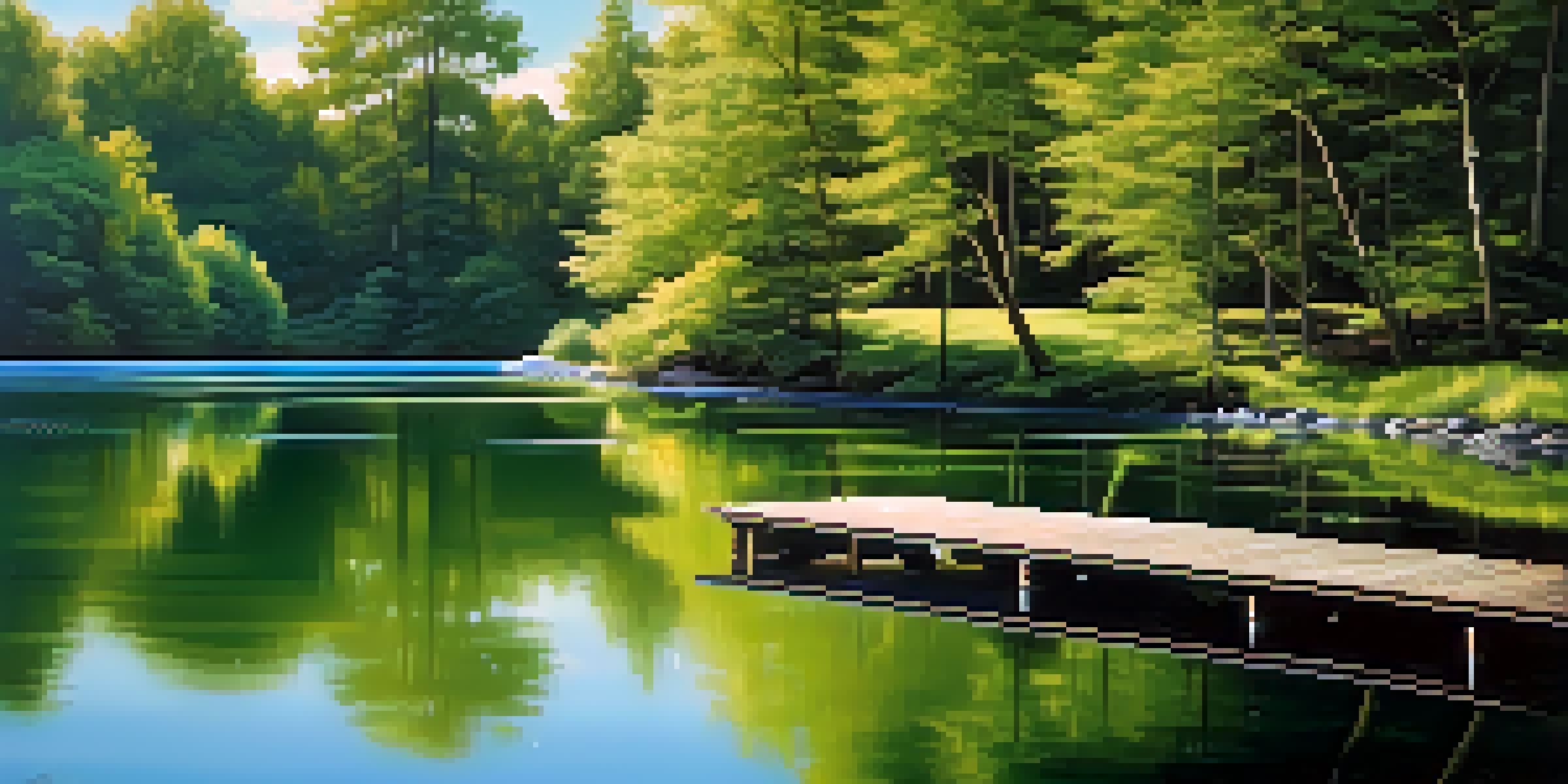 A calm lake surrounded by green trees and a clear blue sky, with sunlight reflecting off the water and a wooden dock.