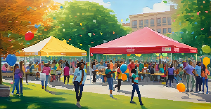 A community mental health fair in a park with diverse people engaging in activities and conversations under colorful banners.