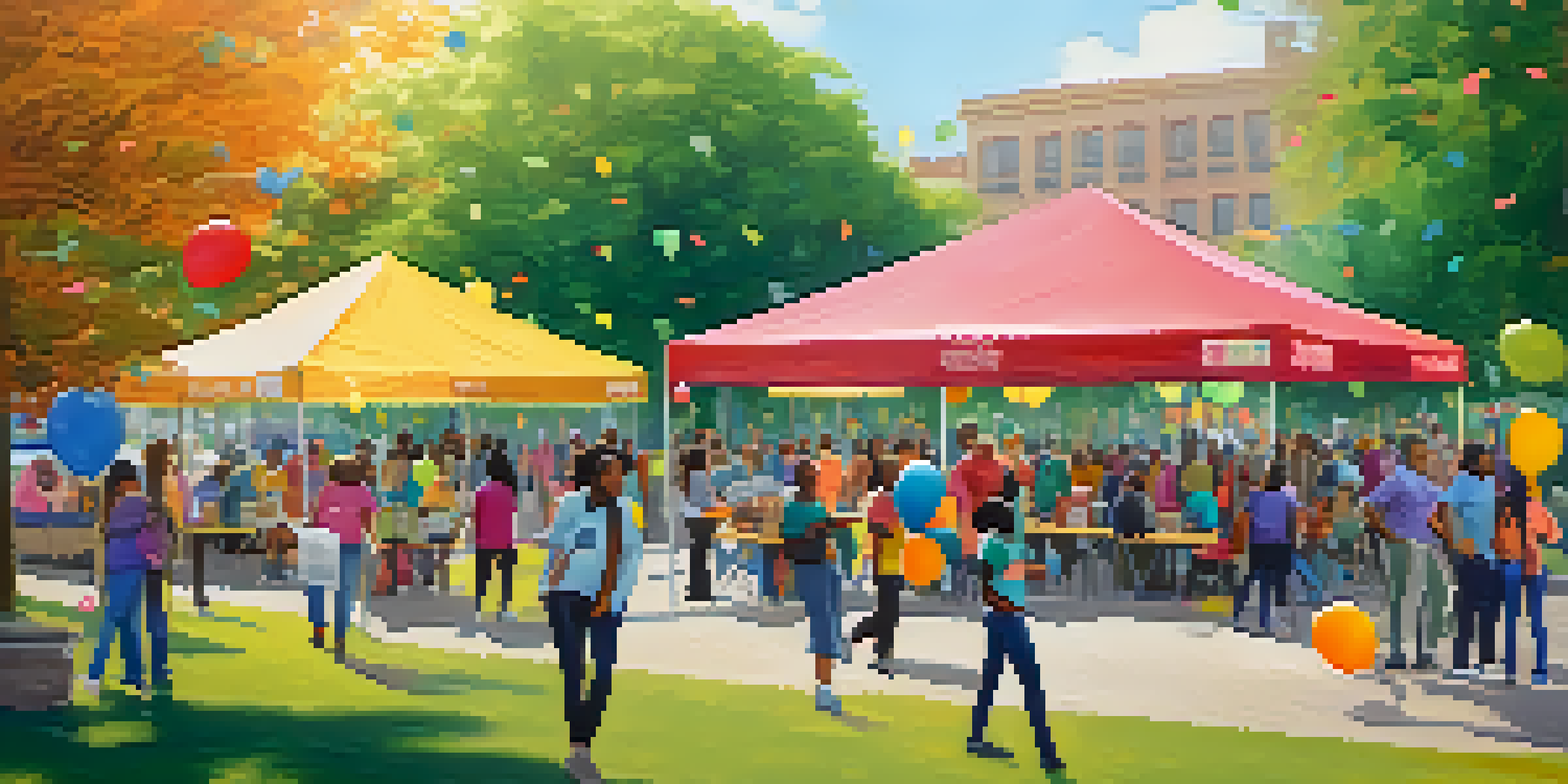 A community mental health fair in a park with diverse people engaging in activities and conversations under colorful banners.