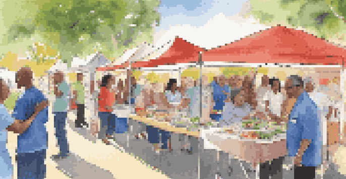 A lively community health fair with diverse attendees engaging with healthcare providers, showcasing colorful booths and a cooking demonstration.