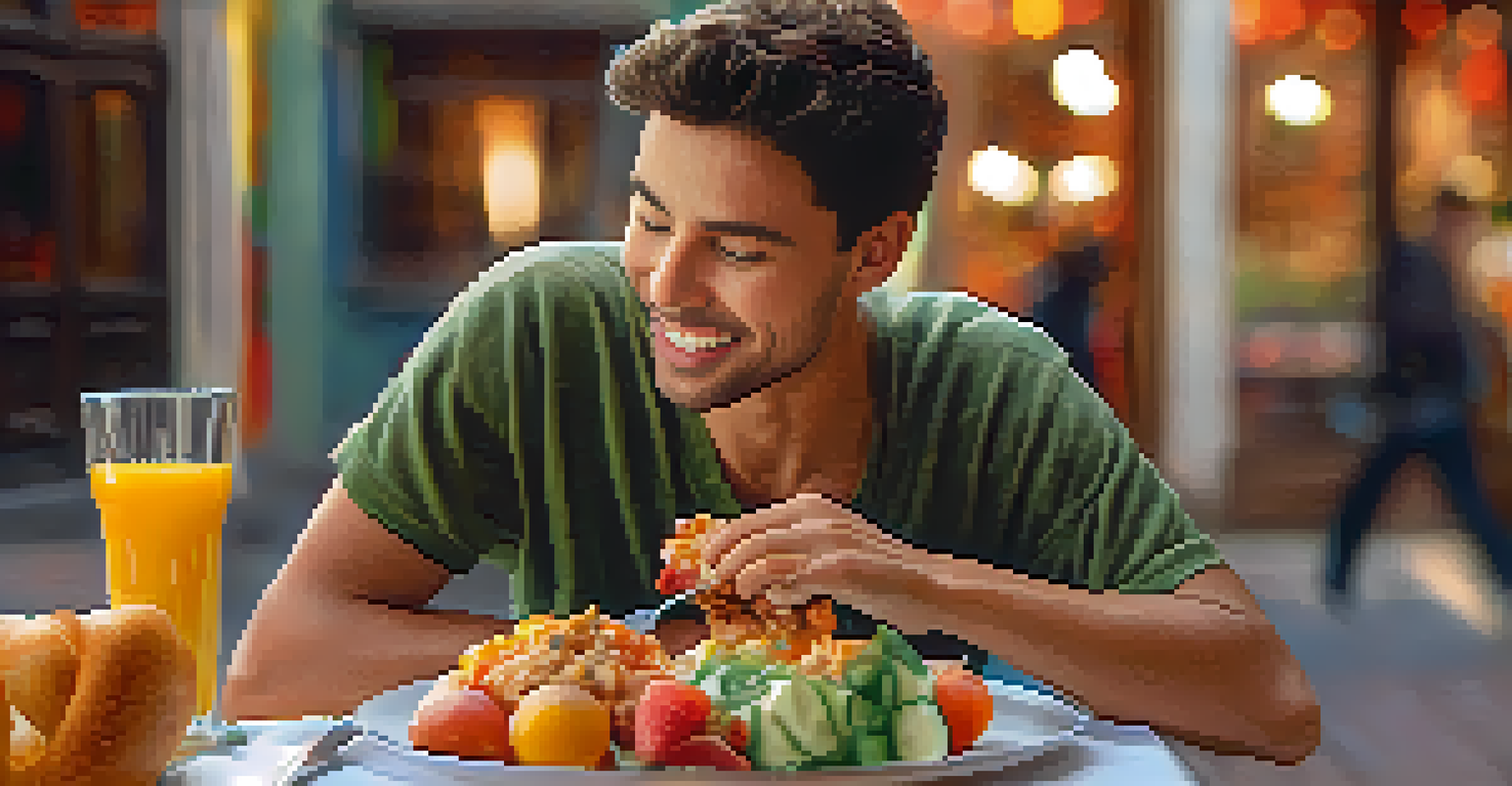 A close-up of a person enjoying a colorful bite of food, showing appreciation and mindfulness in a soft, warm atmosphere.