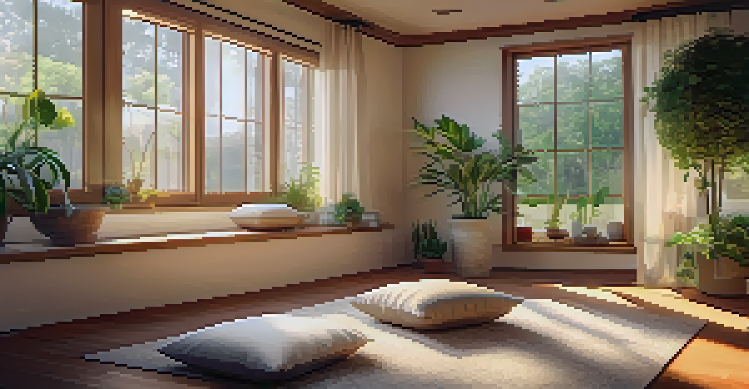A cozy indoor meditation space with a cushion, candles, and plants, illuminated by soft sunlight.
