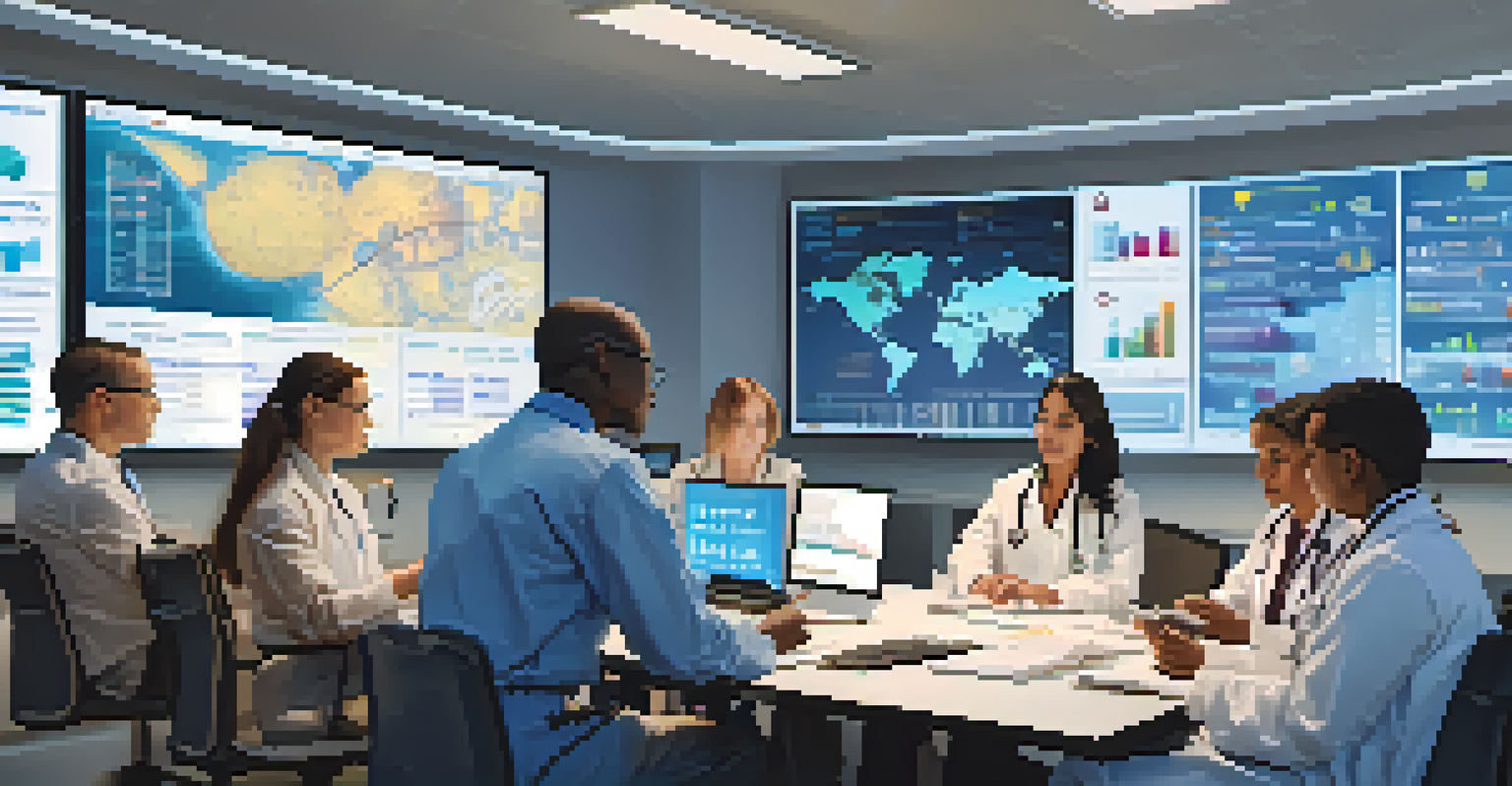 Diverse healthcare professionals collaborating around a table discussing patient data.