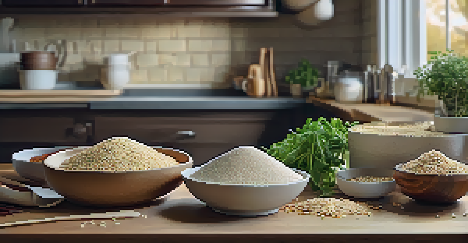 A kitchen countertop with bags of whole grains and a bowl of salad with quinoa, surrounded by warm kitchen decor.