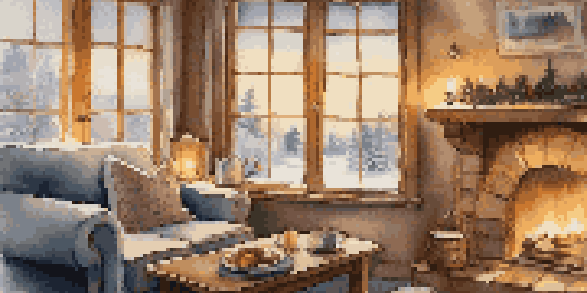 A cozy indoor winter scene with a fireplace, blankets, and a cup of tea, snow falling outside the window.