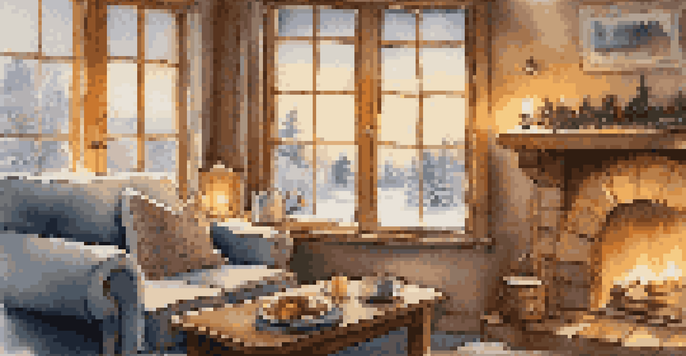 A cozy indoor winter scene with a fireplace, blankets, and a cup of tea, snow falling outside the window.