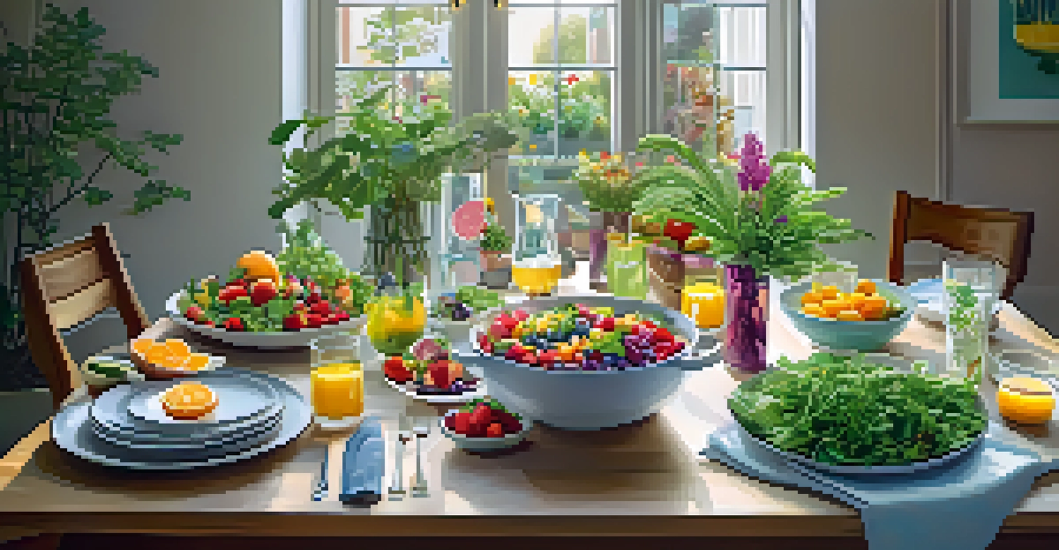 A dining table beautifully set with colorful plant-based dishes, fresh herbs, and infused water, illuminated by soft ambient lighting.