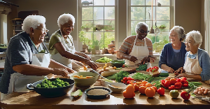 A diverse group of seniors happily cooking together in a bright kitchen, surrounded by fresh ingredients and engaging in lively conversations.