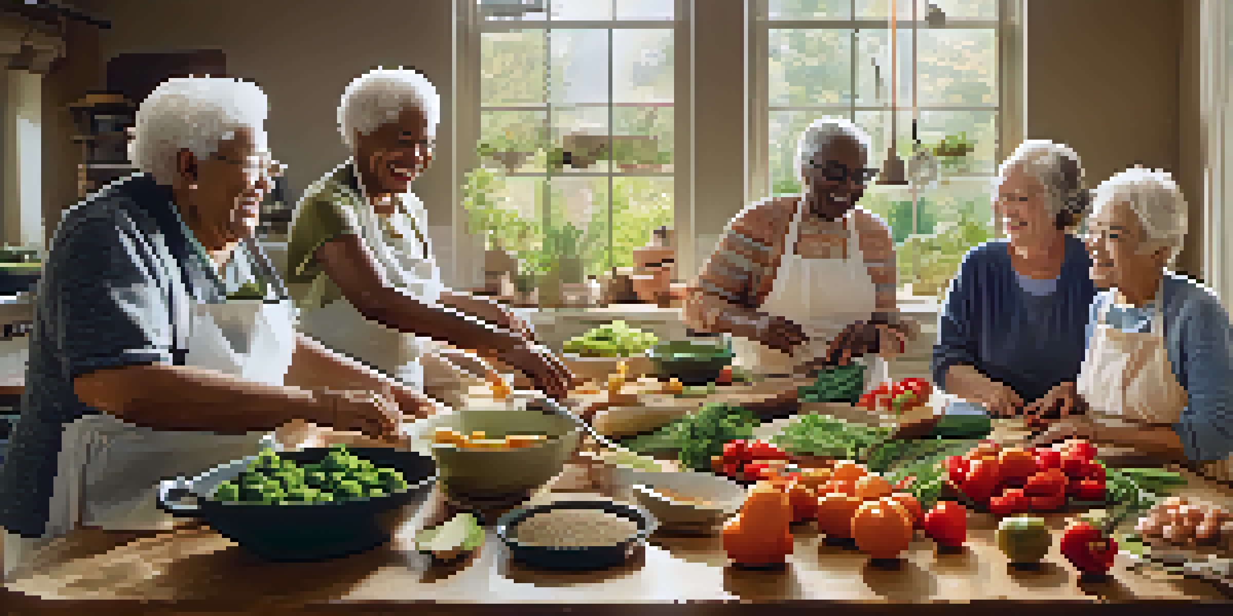 A diverse group of seniors happily cooking together in a bright kitchen, surrounded by fresh ingredients and engaging in lively conversations.